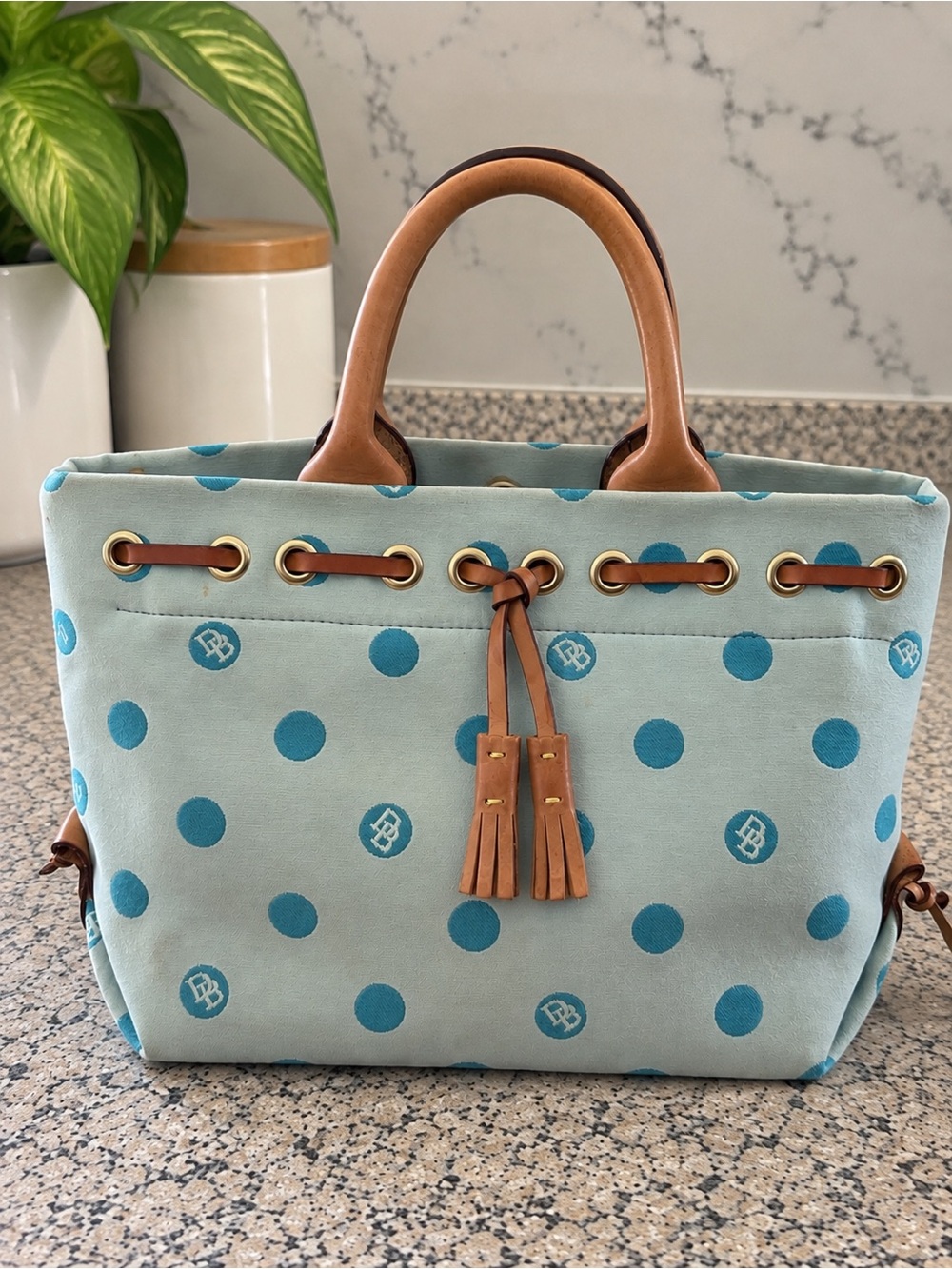 Dooney & Bourke Light Blue Polka Dot Canvas Tote with Tan Leather Trim